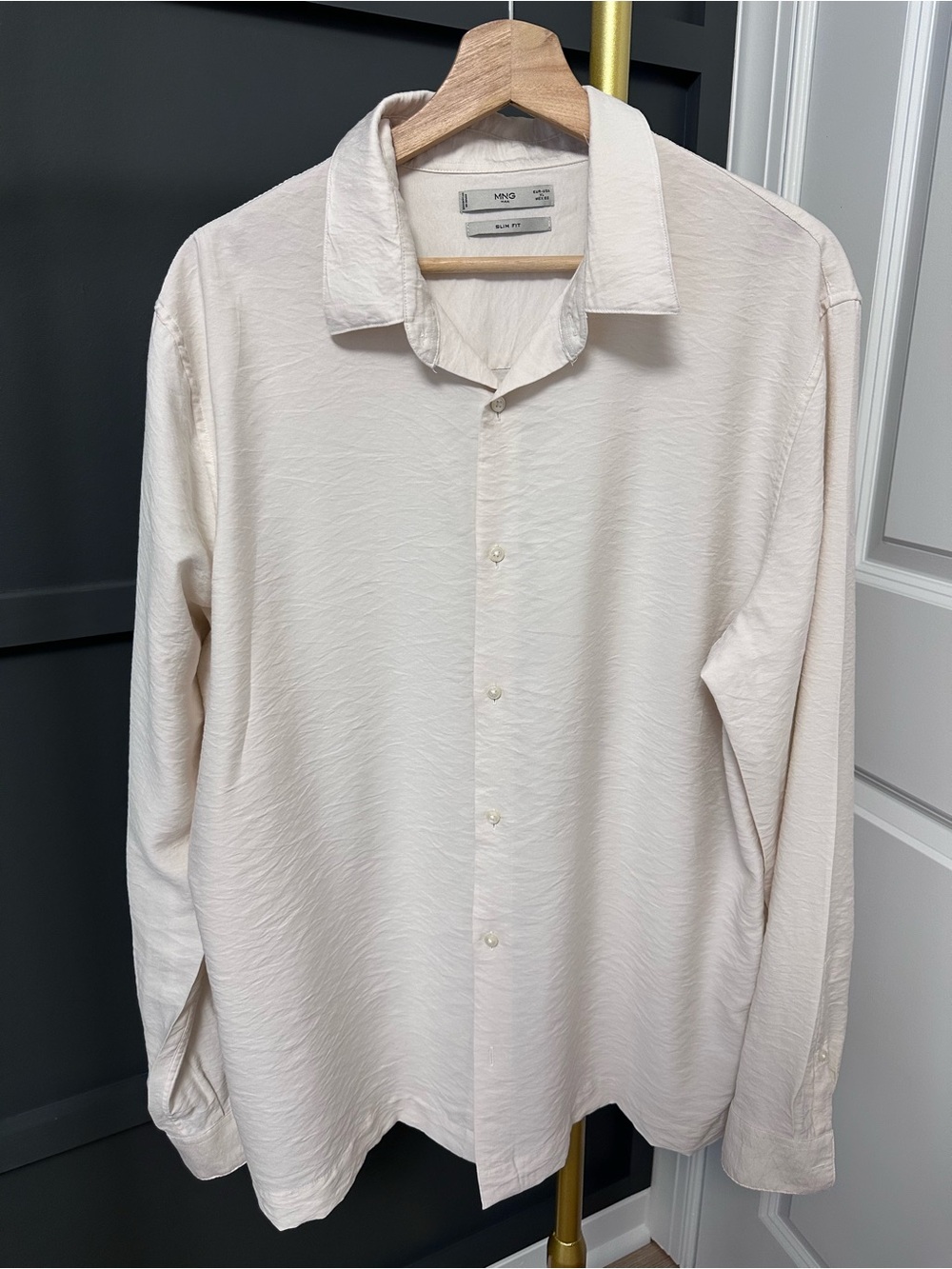 Mango Men Cream Textured Long-Sleeve Button-Down Shirt Size XL
